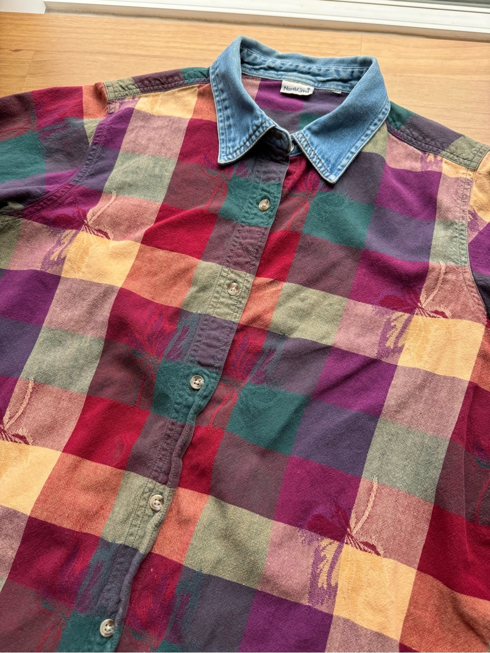 Northcrest Vintage Denim Collar Plaid Button-Up Autumn Shirt Fall Cottage Colors - Picture 5 of 8
